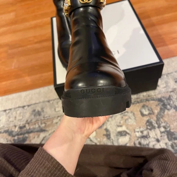 Gucci Women's Black Ankle Boots with Gold Accents - Picture 14 of 16